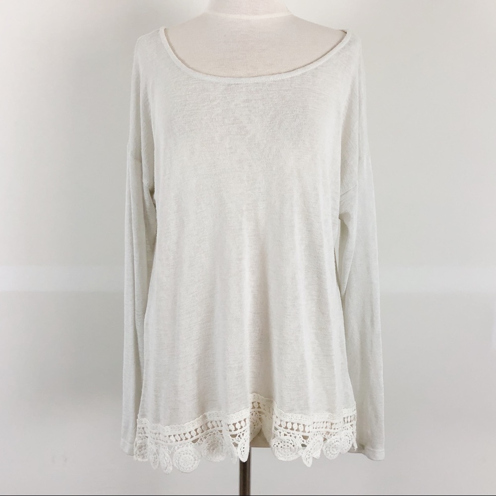 Bobeau White Long Sleeve Crochet Trim - 2X